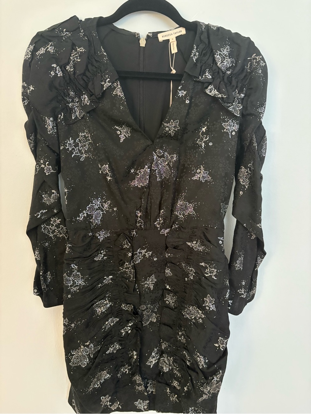 Rebecca Taylor Black Starry Ruched V-Neck Long-Sleeve Dress